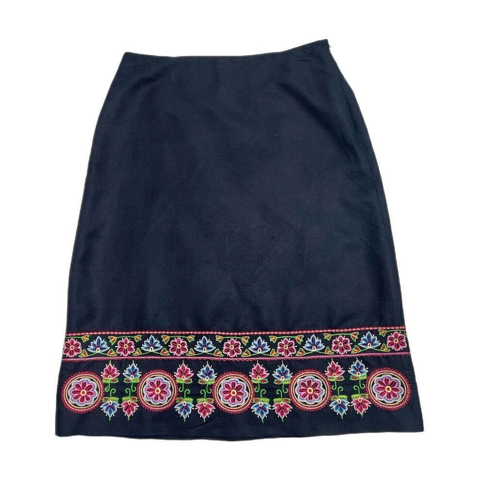 Ann Taylor 100% Silk Skirt Size 6 Embroidered Hem A-Line Black Fully Lined